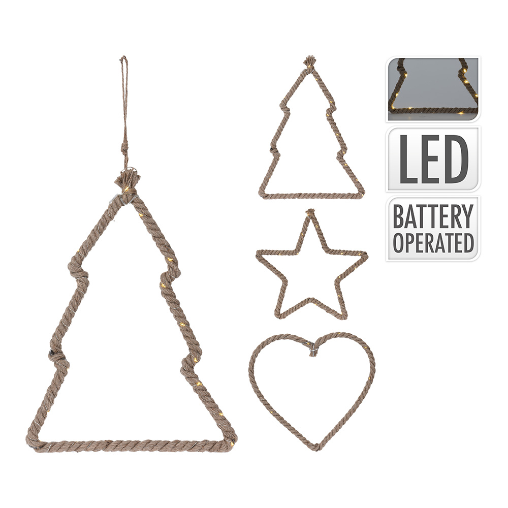 ADORNOS NAVIDEÑOS DE YUTE CON LED 22,5x1,5x28cm/25x1,5x25cm/25x1,5x24cm