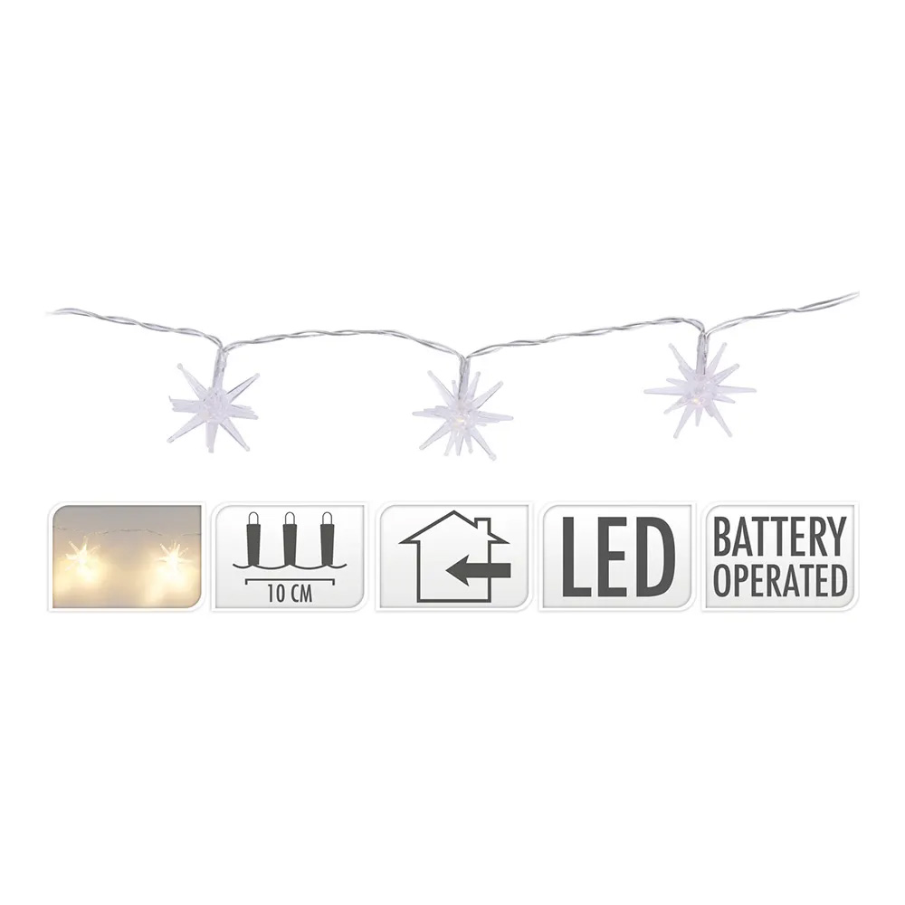 GUIRNALDA A PILAS FIJA 10 LEDS ESTRELLAS DECORATIVAS Ø45mm LUZ BLANCO FRIO 1,30m