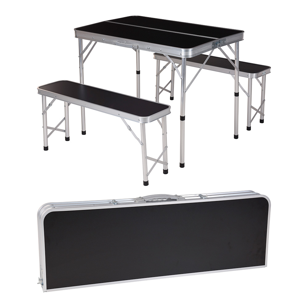 CONJUNTO DE CAMPING MESA. CON 2 BANCOS DE ALUMINIO. 90x60x70cm