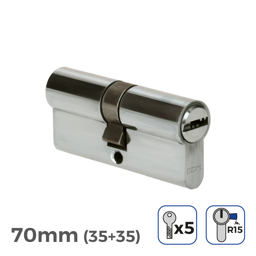BOMBIN NIQUEL 70mm (35+35mm) LEVA LARGA R15 CON 5 LLAVES SEGURIDAD INCLUIDAS EDM