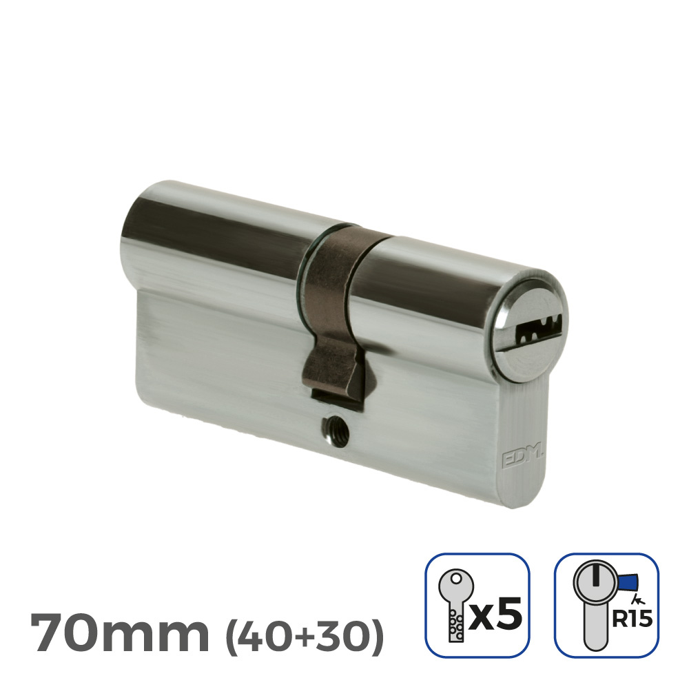 BOMBIN NIQUEL 70mm (40+30mm) LEVA LARGA R15 CON 5 LLAVES SEGURIDAD INCLUIDAS EDM