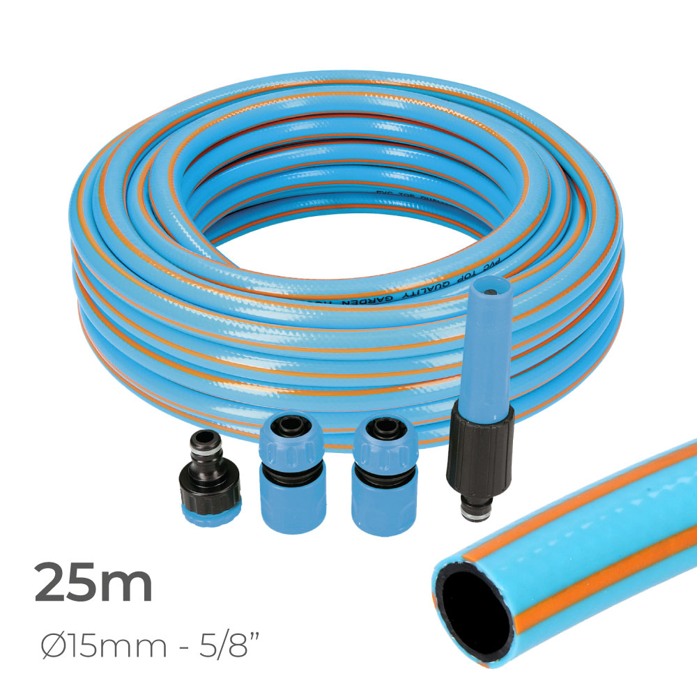 KIT MANGUERA JARDIN PROFESIONAL INTERIOR Ø15mm EXTERIOR Ø20mm (5/8") 25m CON ACCESORIOS PVC EDM