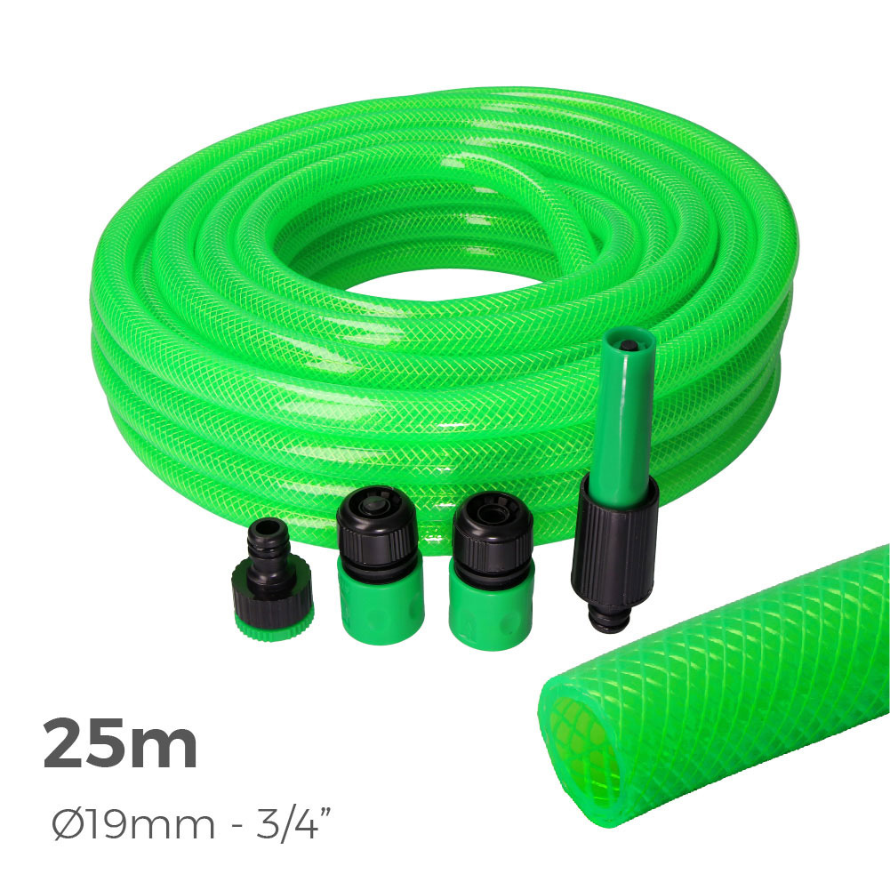 KIT MANGUERA JARDIN ANTI-TORSION Ø INTERIOR 19mm Ø EXTERIOR 25mm (3/4") - ROLLO 25m CON ACCESORIOS EDM