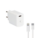 Cargador de red Ksix, 20W, Carga ultrarrápida, Power Delivery, cable Made for iPhone Lightning a USB-C, Blanco