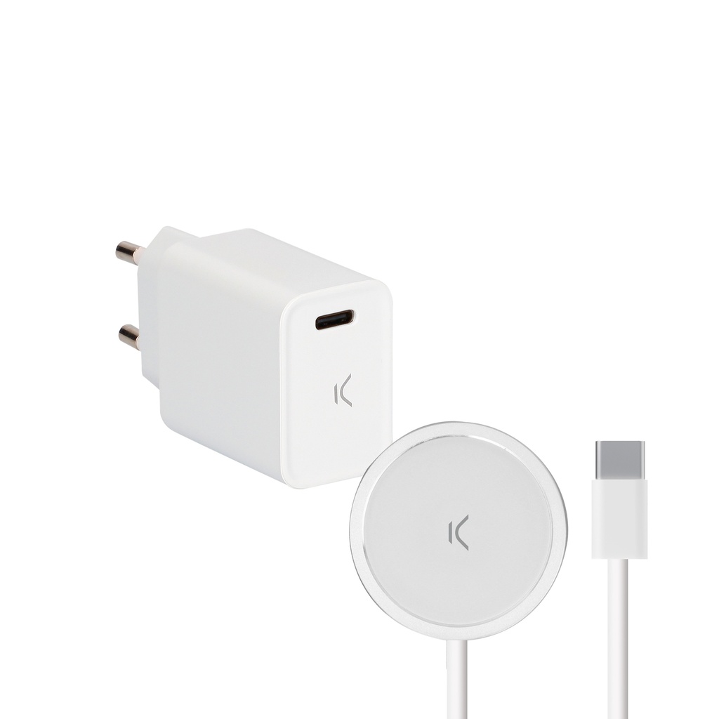 Cargador inalámbrico MagCharge Ksix para iPhone 12 y post, compatible MagSafe, Power Delivery, 1m, Cargador red 20W, Blanco