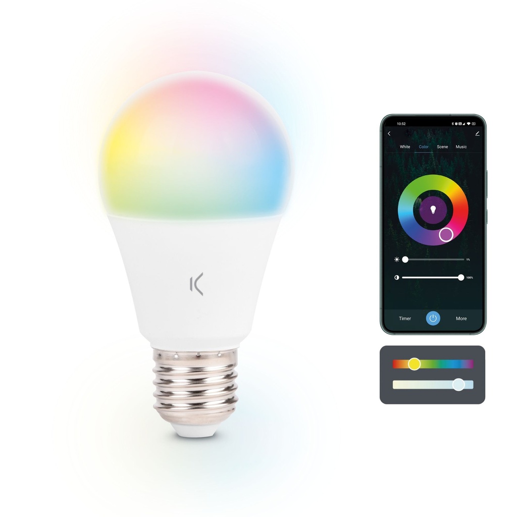 Bombilla inteligente SmartLED E27 Ksix, 9W equivalente 60W, 806 lm, App + Compatible Alexa, Google Home y Siri, RGB + CCT