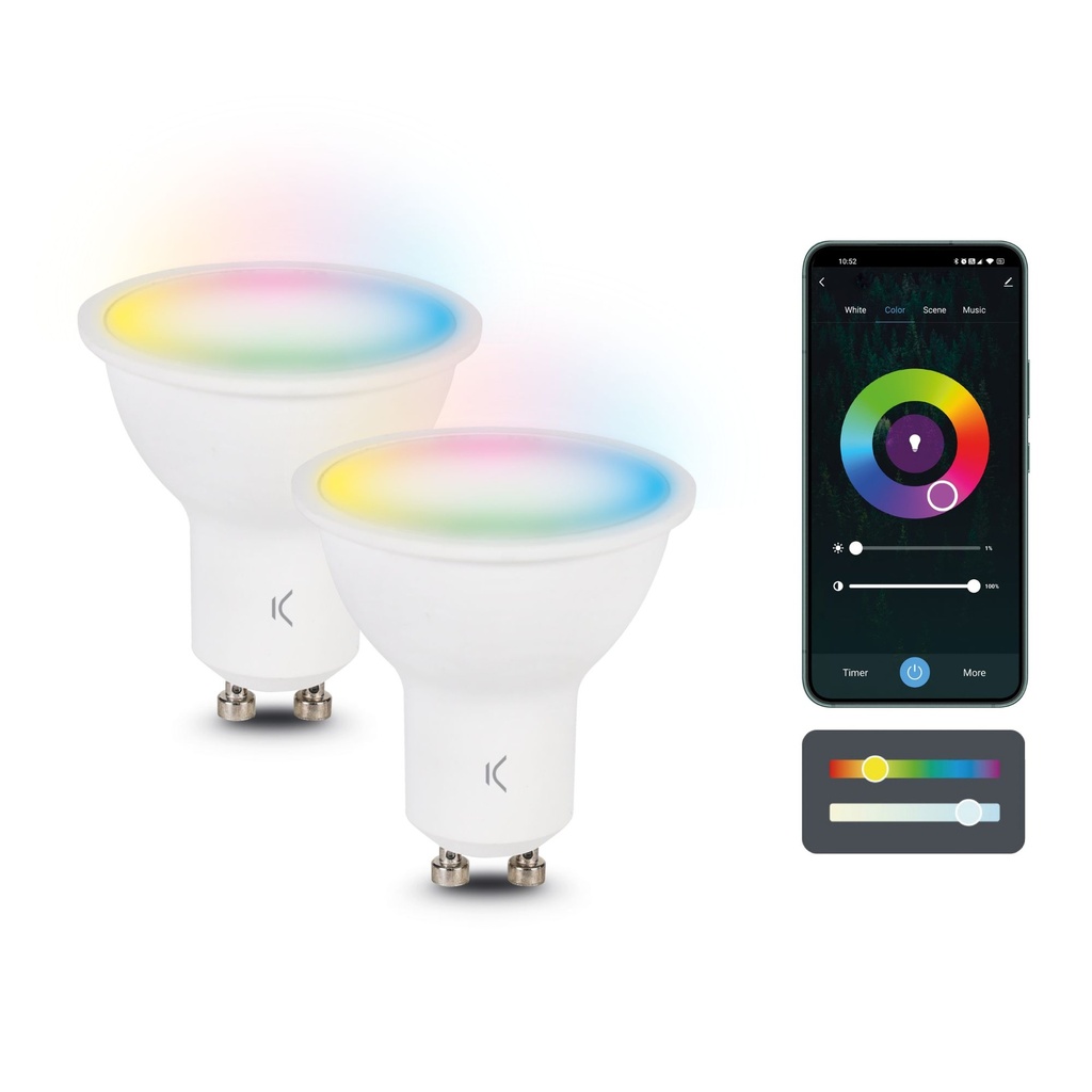 Bombillas inteligentes SmartLED GU10 Ksix, 5,5W equiv 35W, Pack 2, 400 lm, App Compatible Alexa, Google Home y Siri, RGB + CCT
