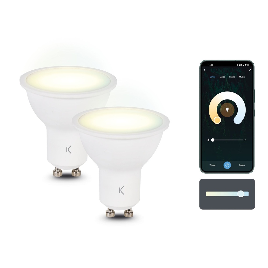 Bombillas inteligentes SmartLED GU10 Ksix, 5,5W equivalente 35W, Pack 2, 400 lm, App Compatible Alexa, Google Home y Siri, CCT