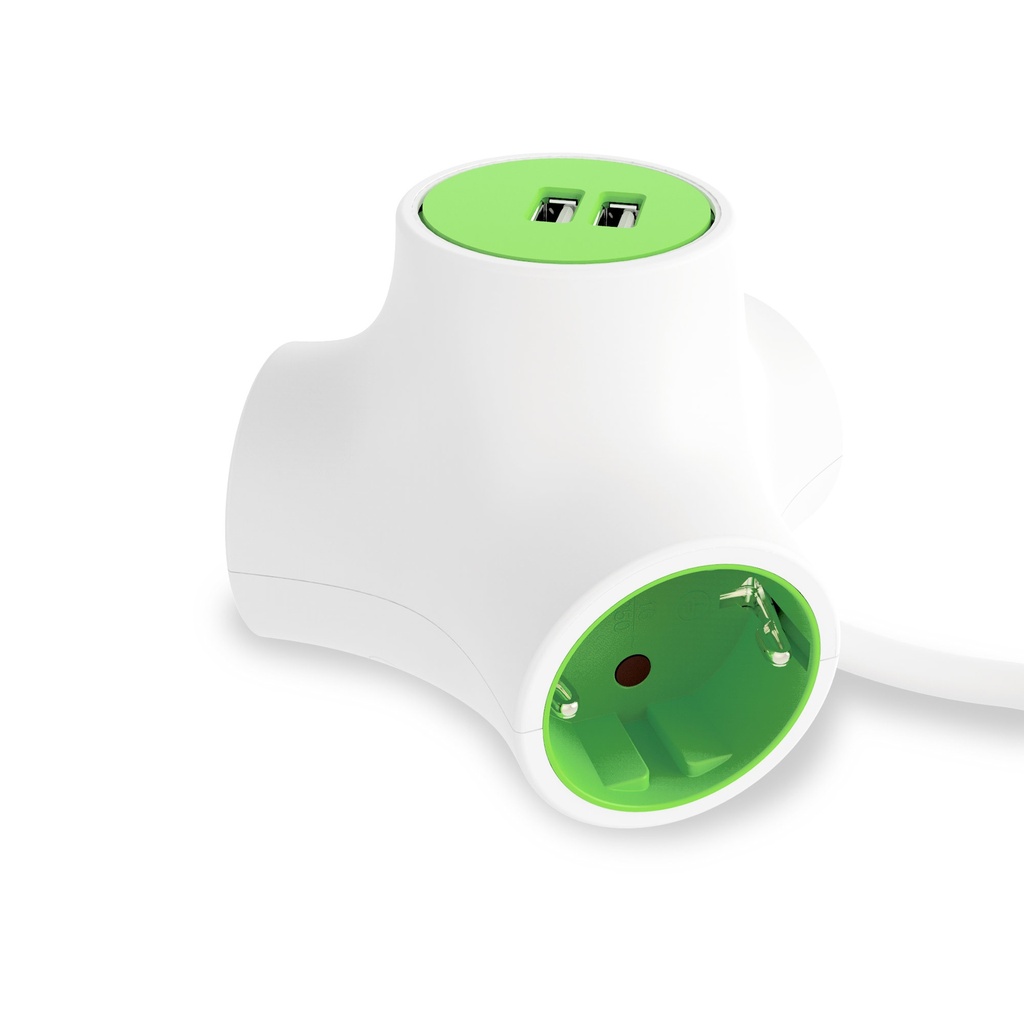 Enchufe modular combinable Molecule Ksix, 3 tomas de corriente, 2 puertos USB-A, cable 1,4m, obturador de seguridad, verde