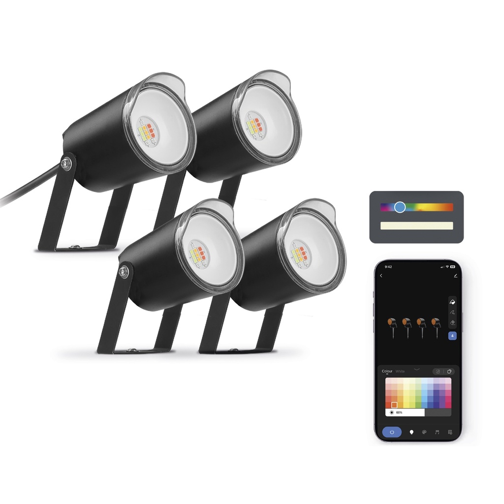 Set 4 focos outdoor SmartLED Ksix, WiFi + APP incluida, 18W, 900 lúmenes, RGBWIC, IP65, Ampliable, Estacas incluidas