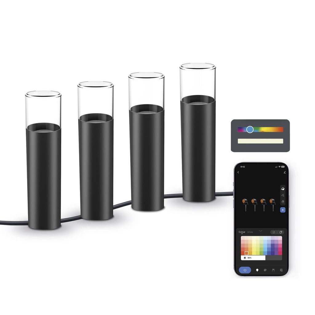 Set 4 balizas outdoor SmartLED Ksix, WiFi + APP incluida, 12W, 200 lúmenes, RGBWIC, IP65, Ampliable, Estacas incluidas
