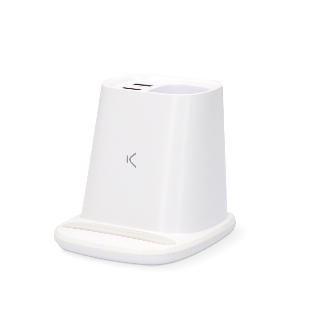 Cargador inalámbrico lapicero Ksix, 10W, Tecnología Qi, 2 salidas USB, Blanco