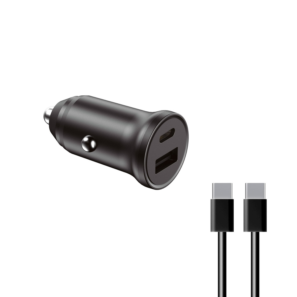 Cargador de coche Ksix, 20W, Carga rápida, Power Delivery, Multipuerto USB-C y USB-A + cable USB-C  a USB-C, Negro