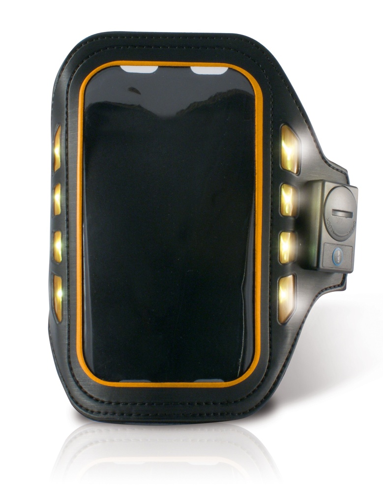 Funda deportiva para smartphone hasta 4 pulgadas, Flexible, Incluye LEDs, Negro