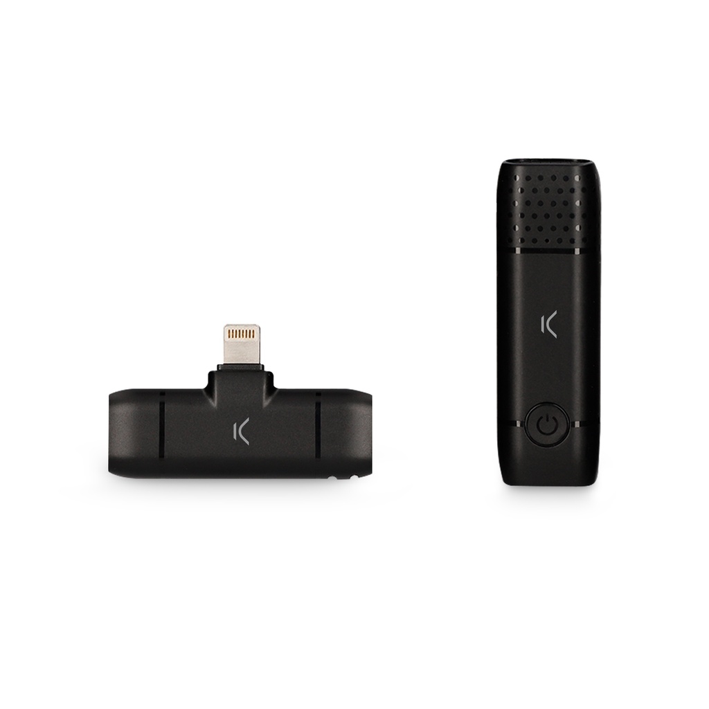 Micrófono inalámbrico para móvil Ksix, Lightning, Plug and play, Receptor y micrófono, Hasta 10 h de autonomía, Negro
