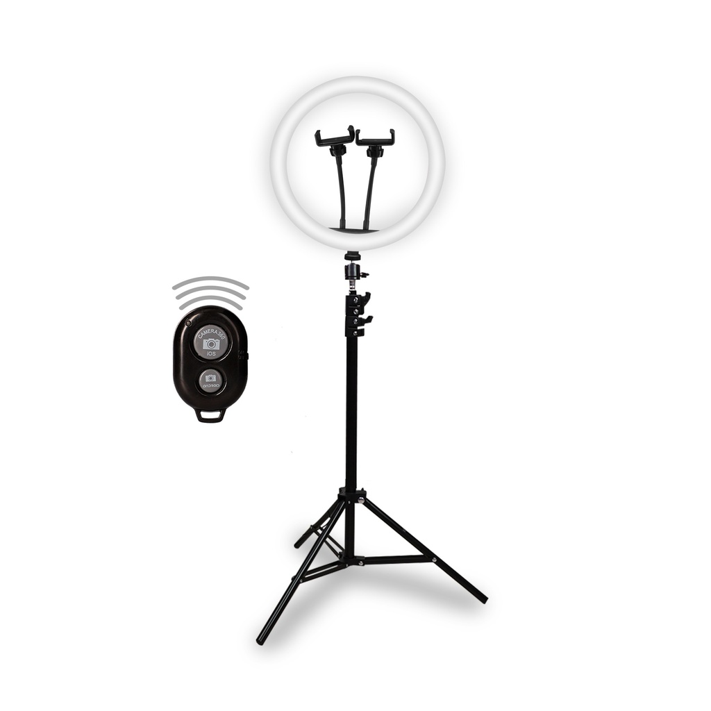 Aro de luz Ksix, Doble soporte smartphone, 30cm diámetro, Trípode 1,60m regulable, 3 Temperaturas, 10 intensidades luz