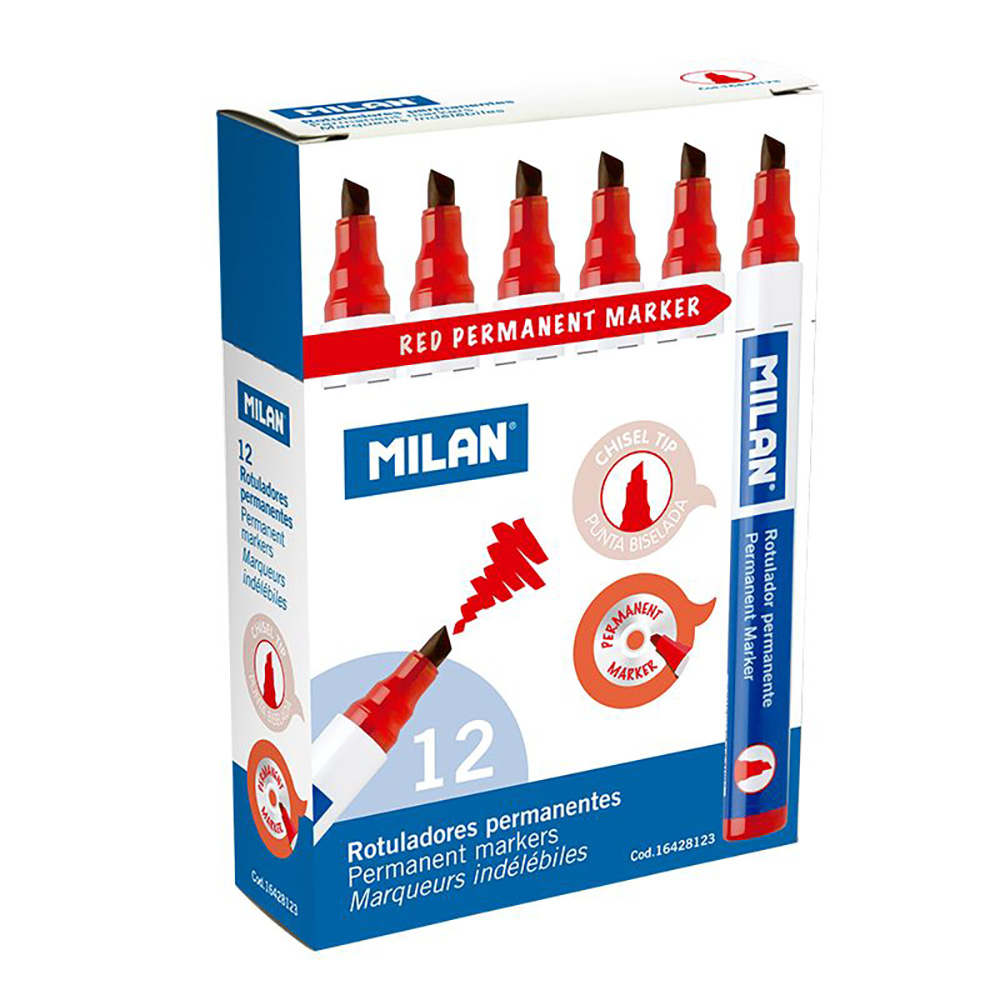CAJA CON 12 ROTULADORES PERMANENTES. PUNTA BISELADA ROJO MILAN