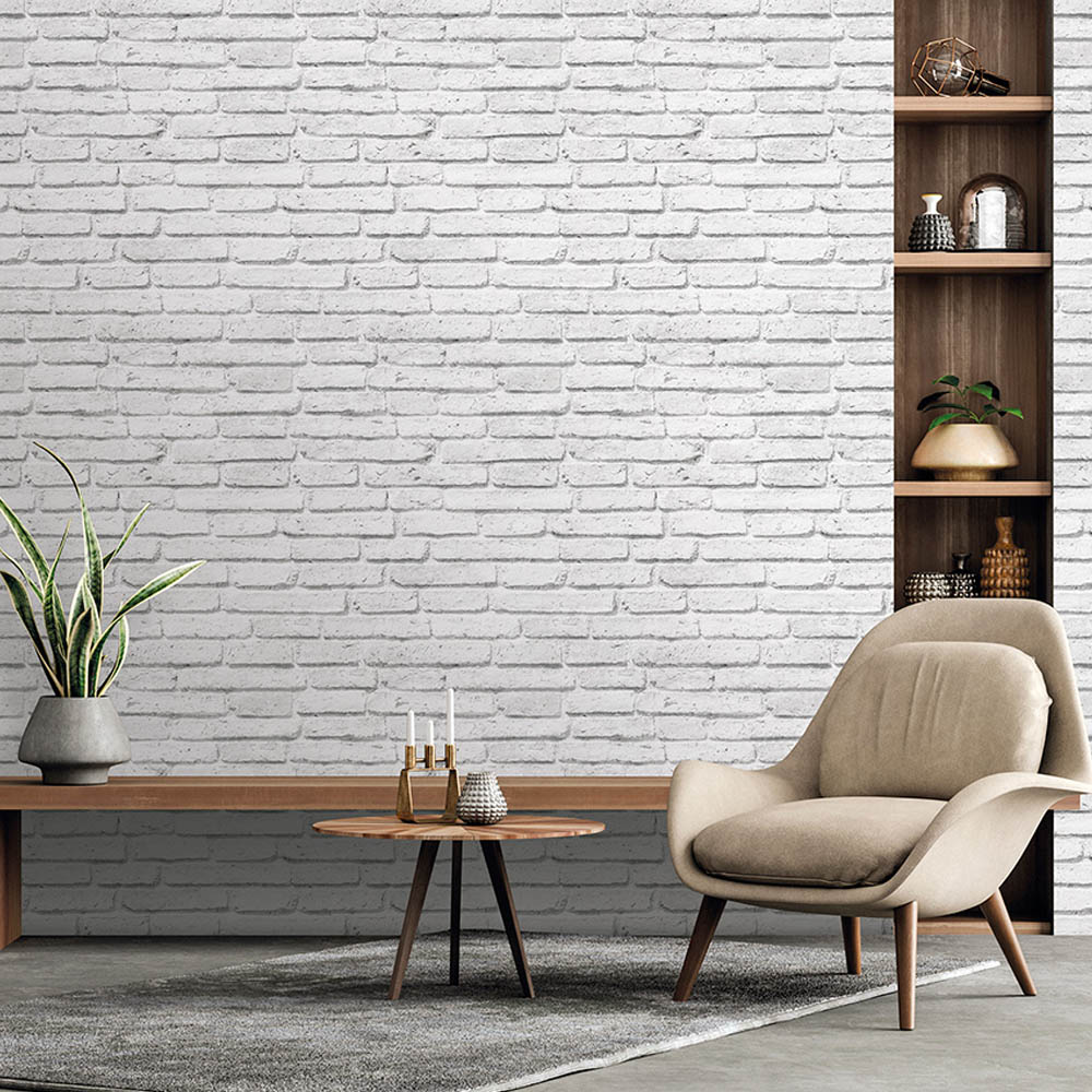 ROLLO PAPEL PINTADO ECONÓMICO TEXTURA LADRILLO BLANCO 0,53x10m LW-3023-01 ICH