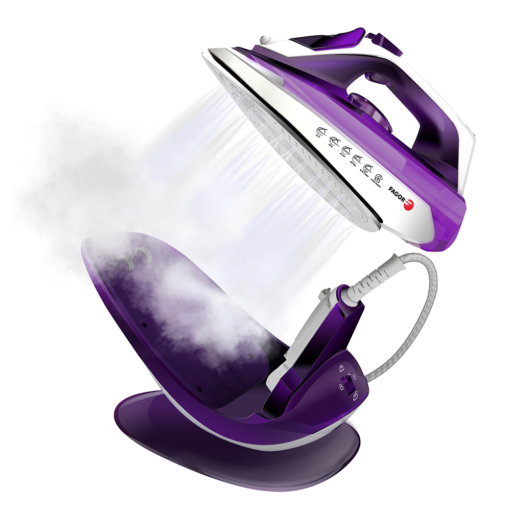 PLANCHA INALÁMBRICA 2 EN 1 CON BASE 2600W MORADA FAGOR  16x32,5x26,5cm