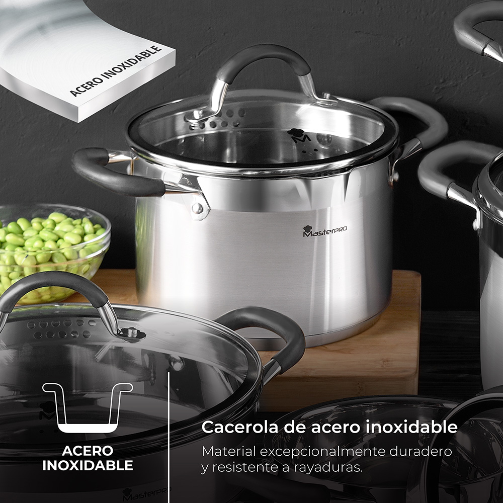 OLLA Ø24x12cm 5L ACERO INOX CON TAPA FOODIES BGMP-1502-BK MASTERPRO