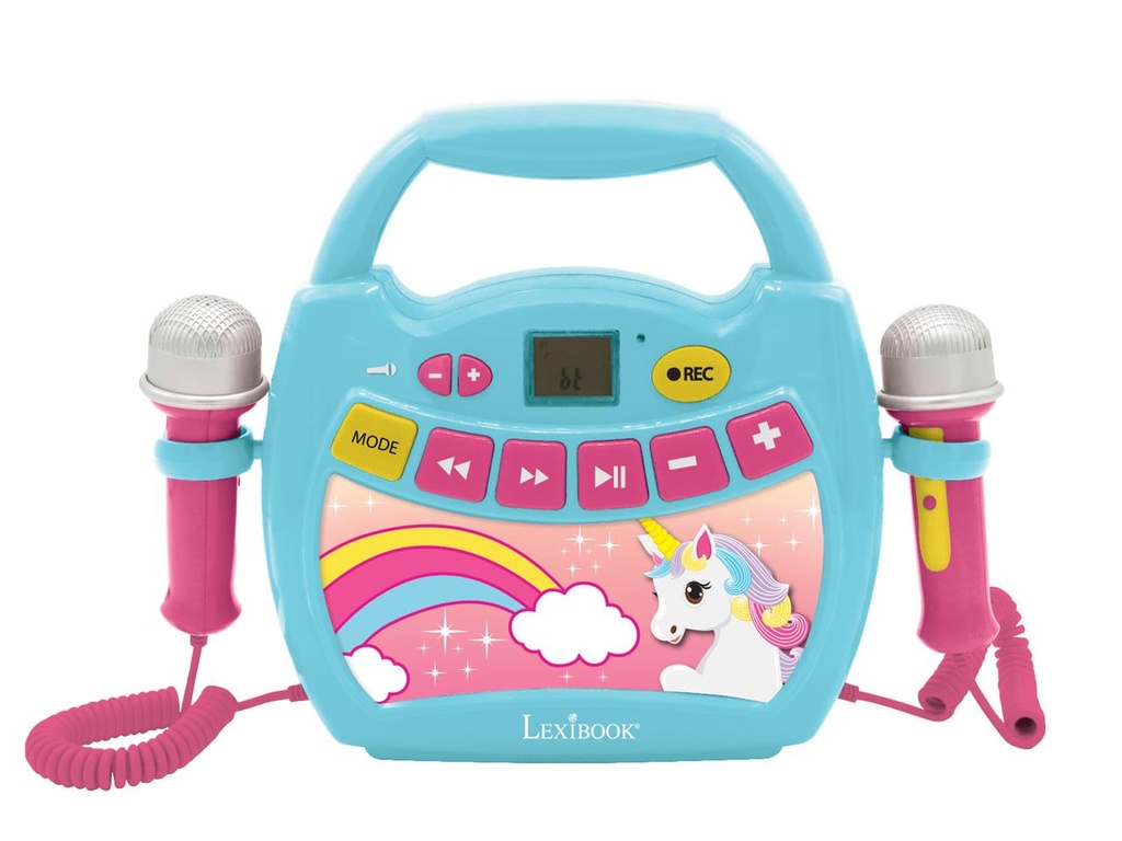 Karaoke unicornio con dos micrófonos. Transforma tu voz para divertirte, toma para auriculares. Con bluetooth. 28x8x21,5cm