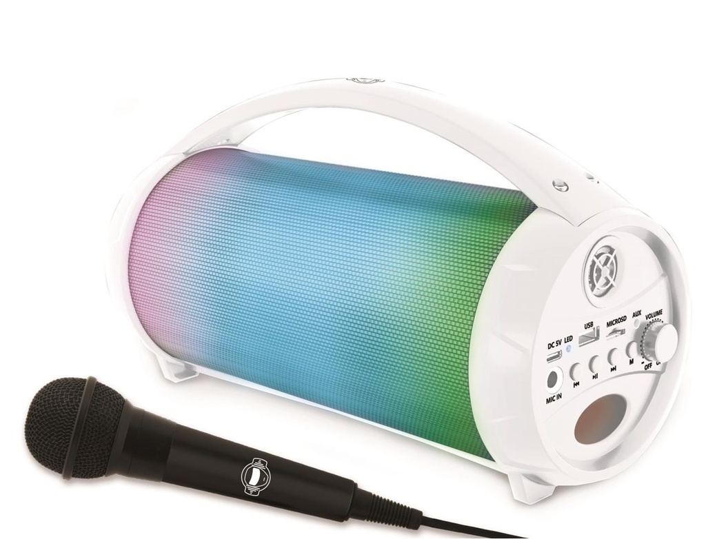 Altavoz inalámbrico con efectos luminosos y doble disco. Microfono con cable extraíble. 30x16x17cm