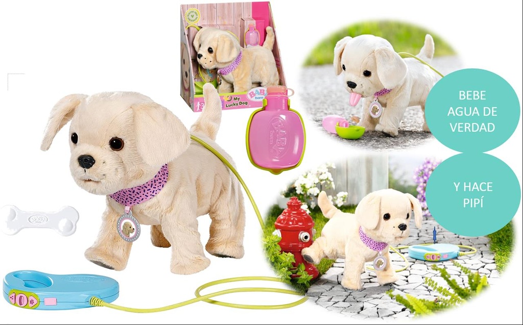 Perrito BABY born My Lucky Dog 30 cm. Para sacar a pasear, bebe agua, hace pipí y mueve la colita. Con sonidos reales