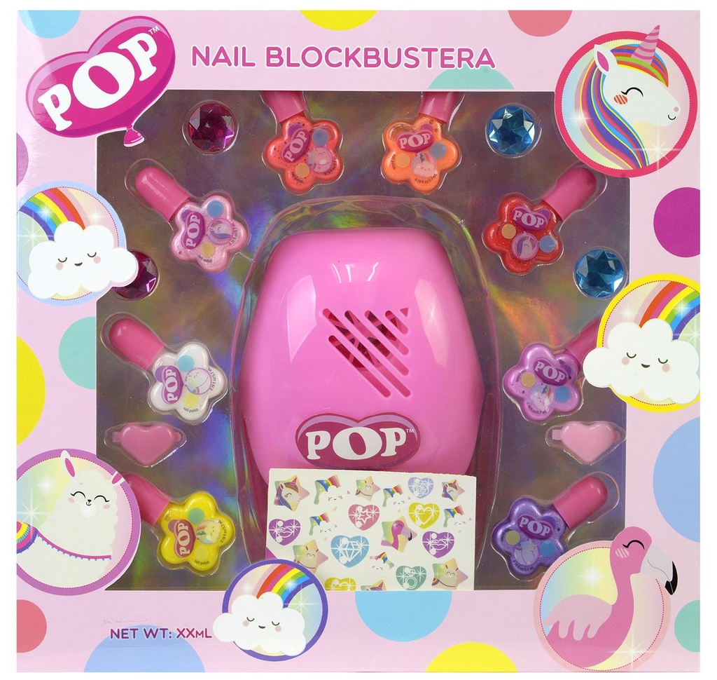 Maquillaje Pop Girl con secador de uñas, 8 pintauñas y 6 anillos 27,30X28,80X7,5 cm