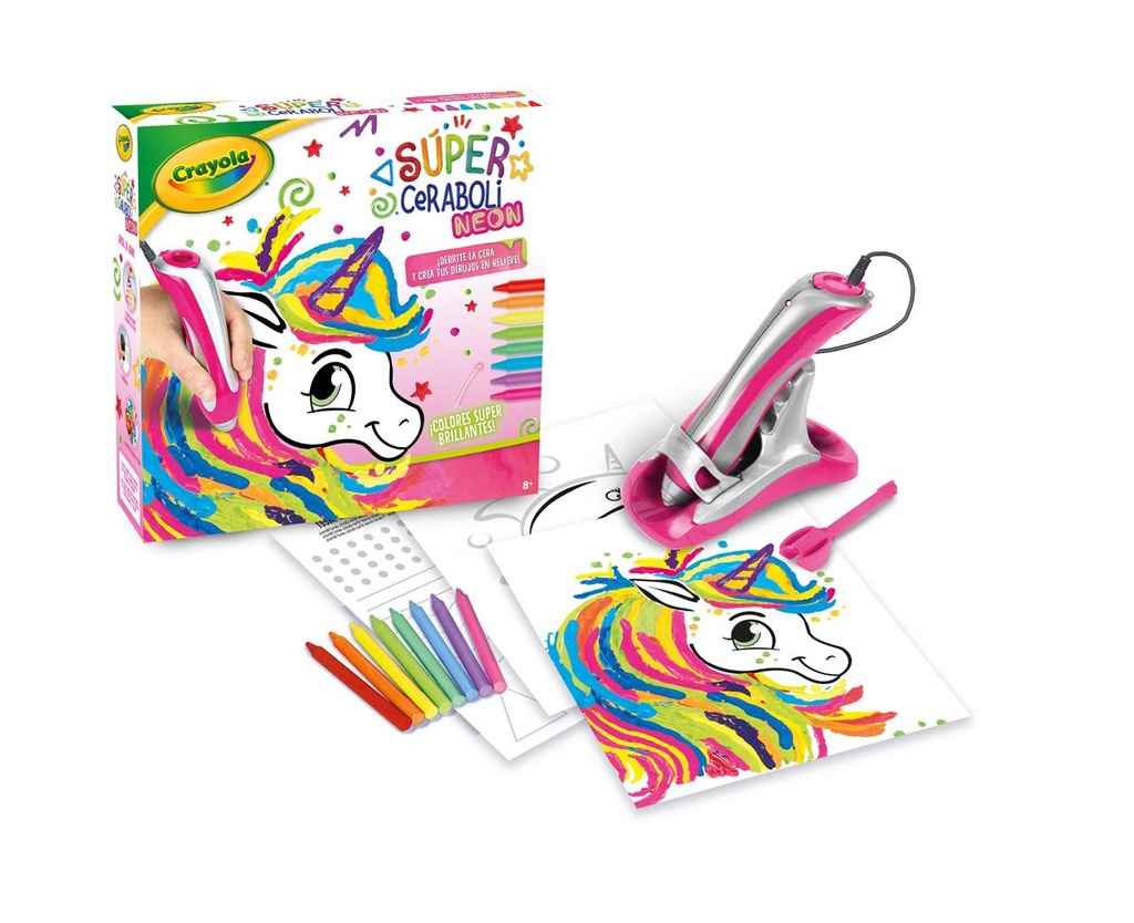 Súper ceraboli Crayola Unicornio neón ¡Derrite la cera y crea tus dibujos en relieve! 29X7,5X30 CM
