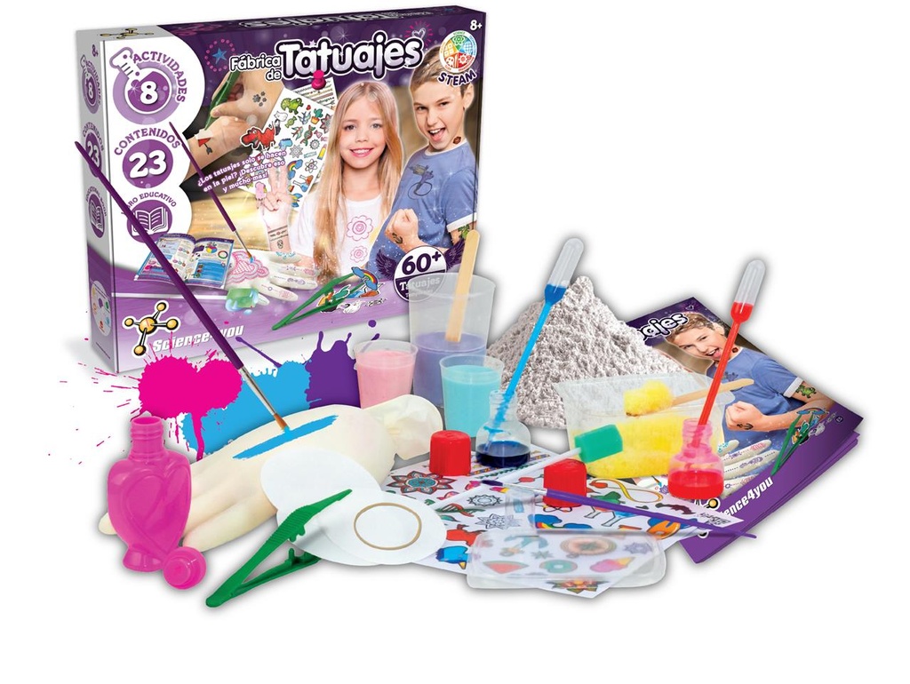 Juego Fabrica De Tatuajes con 8 actividades. Crea un estudio de tatuajes y prepara tus propias tintas.