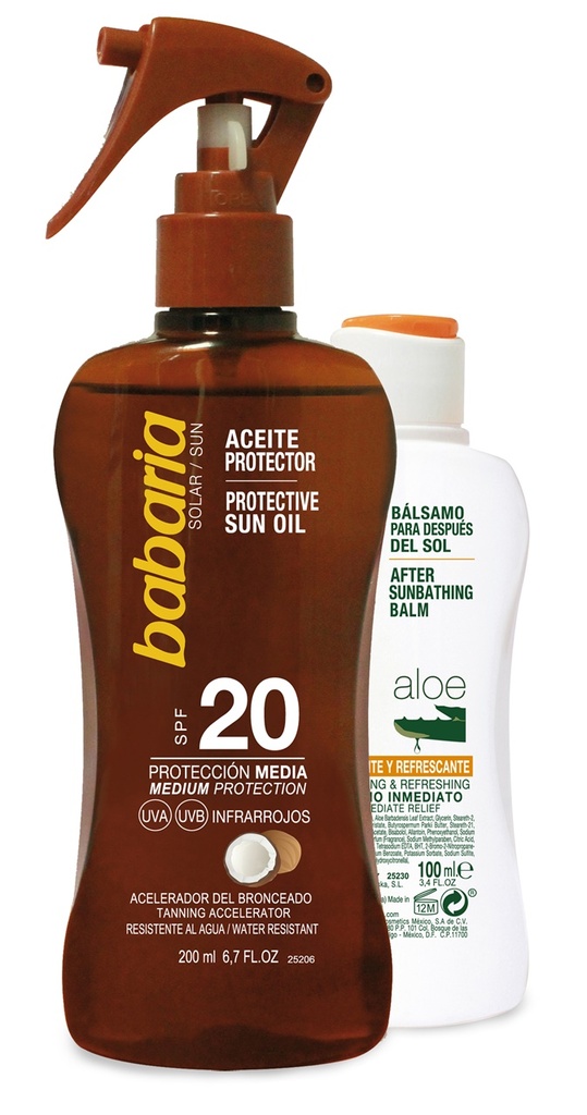 Aceite Protector Solar Coco Babaria pistola F-20 200 Ml Mas After Sun Regalo 100 Ml
