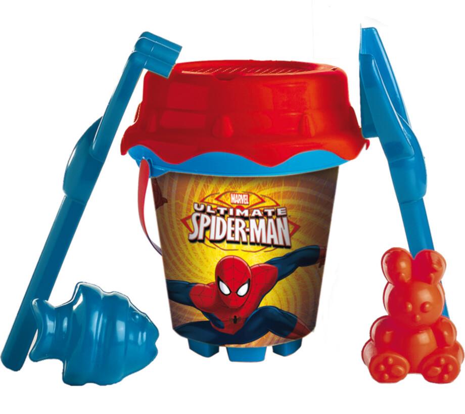 Cubo Playa Castillo 18 Cm Spiderman Con Cedazo, Pala, Rastrillo Y Moldes