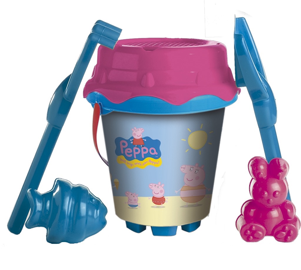 Cubo Playa Castillo 18 Cm Peppa Pig  Con Cedazo, Pala,Rastrillo Y Moldes