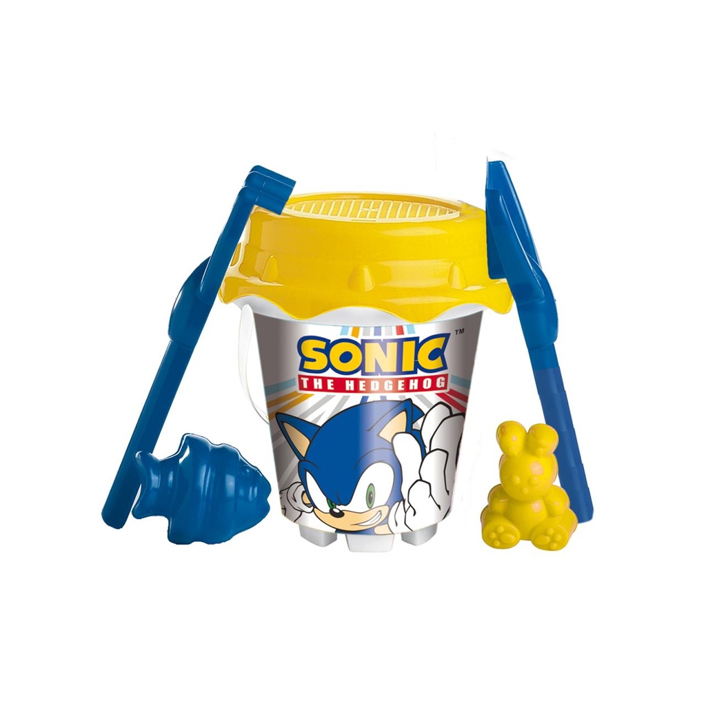 Cubo Playa  Castillo18Cm  Sonic Con Cedazo, Pala Rastrillo Y Moldes