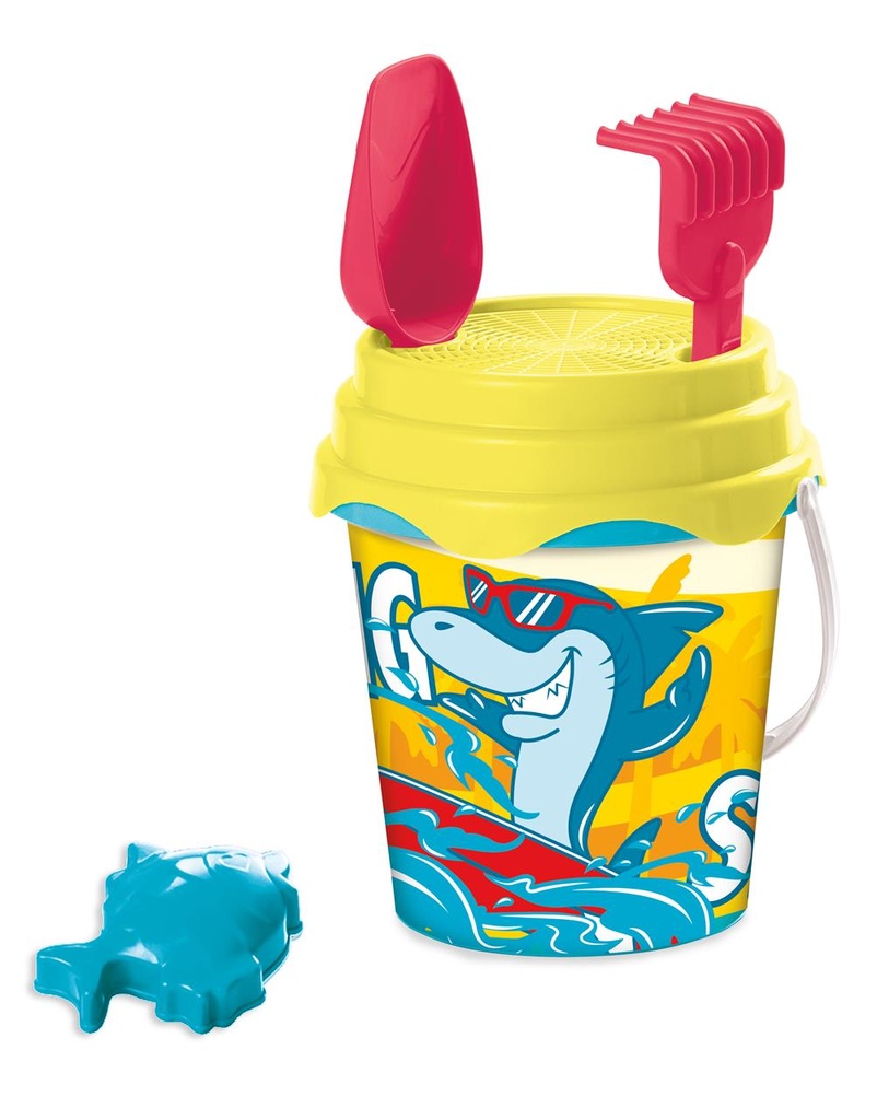Cubo Playa Castillo 18Cm Tiburón Surfero Con Cedazo, Pala Rastrillo Y Molde