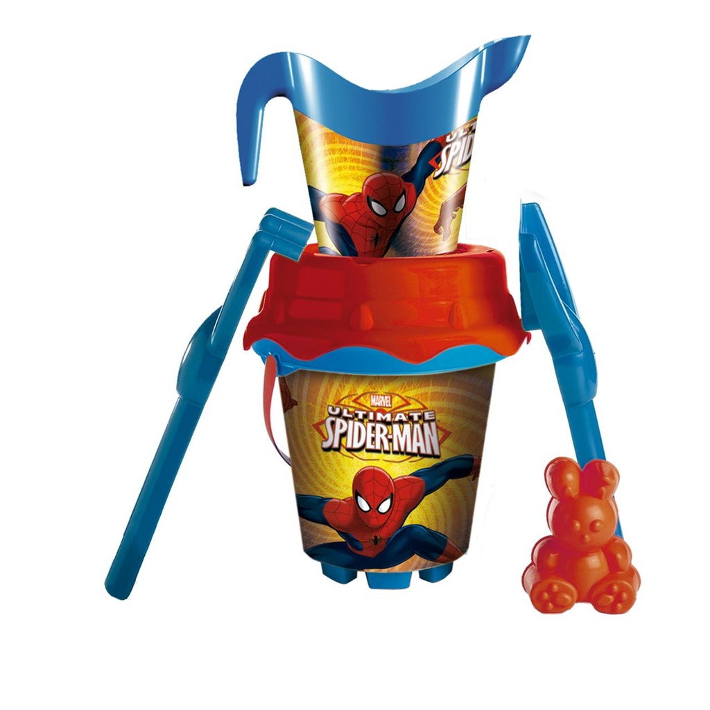 Cubo Playa Castillo 18 Cm Spiderman Con Cedazo, Pala, Rastrillo, Moldes Y Regadera
