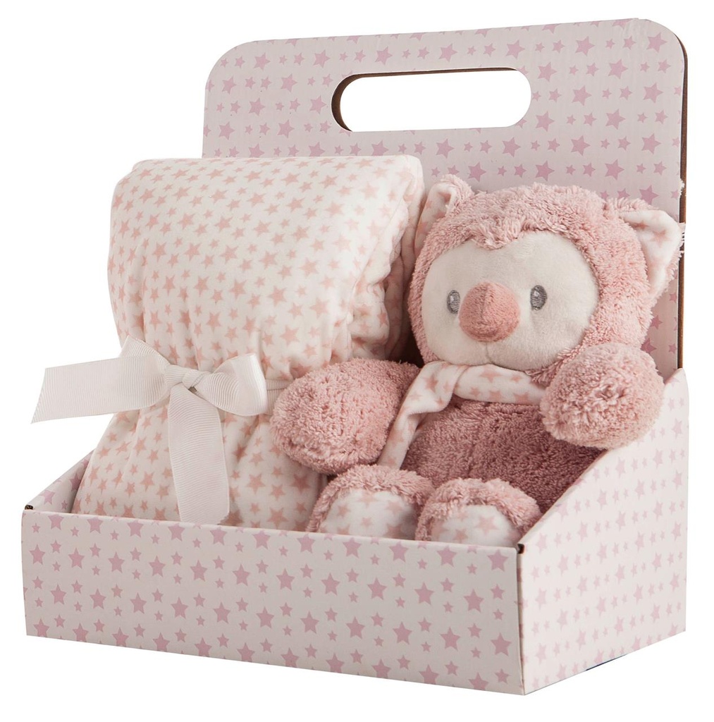 Manta Doble Cara 75 X75 + Peluche Buho 25 Cm Caja
