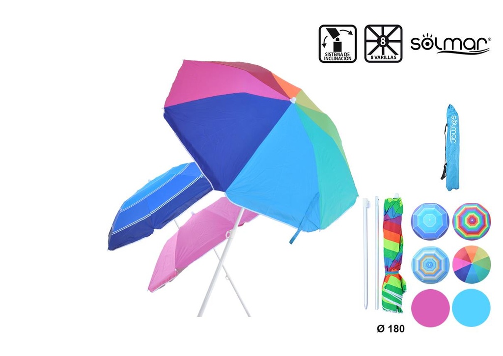 Parasol Aluminio Menorca 180 Cm 6 Varillas De Fibra Tubo 22/25 Cm tubo desmontable Mod Sdos