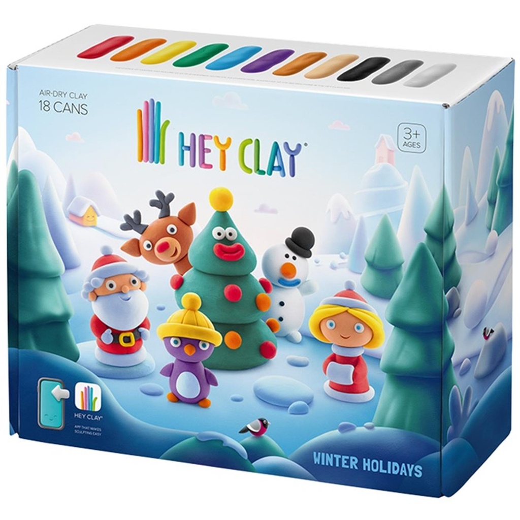 Hey Clay Pack Navidad. Puedes crear 9 personajes de plastilina. Incluye 15 botes de hasta 14 colores en total.