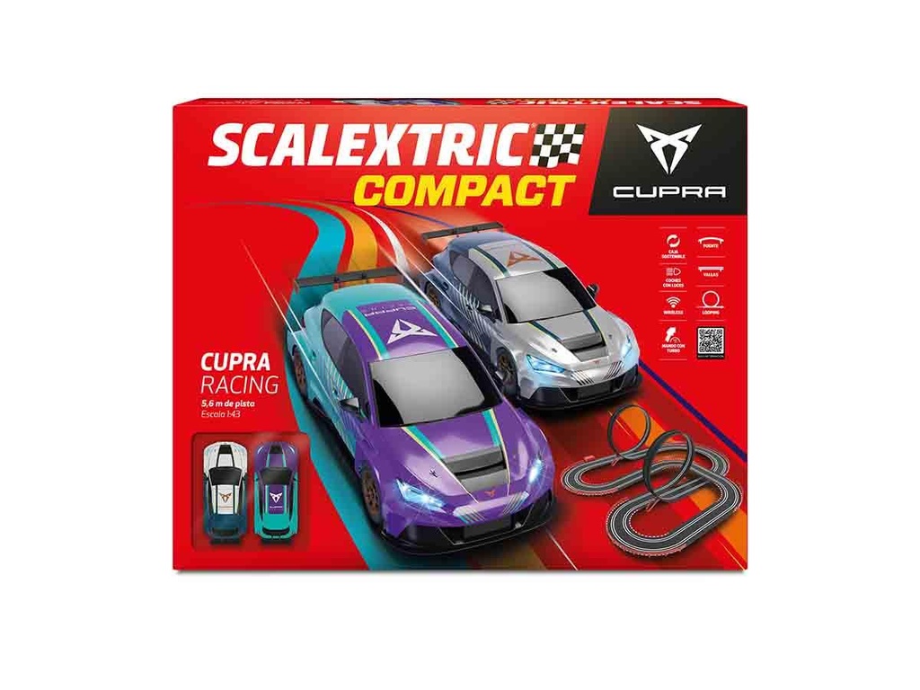 Pista Scalextric Cupra Sport. Incluye Dos Coches Con Luces, Vallas Y Puente. Pista 114X107Cm. 5,6 Metros De Pista.