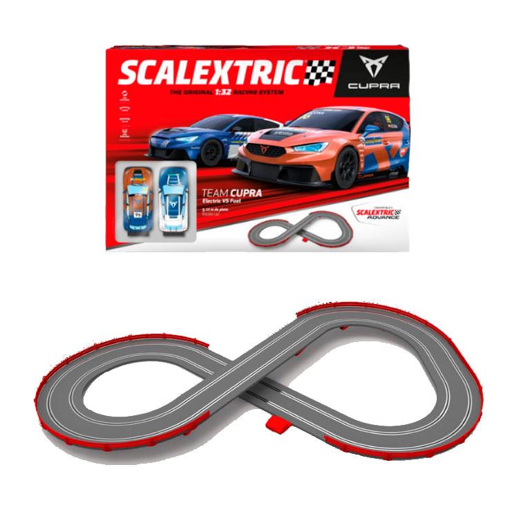 Pista Scalextric Team Cupara. Electric Vs Fuel. Incluye Dos Coches, Puente Y Vallas. 4,5 Metros De Pista