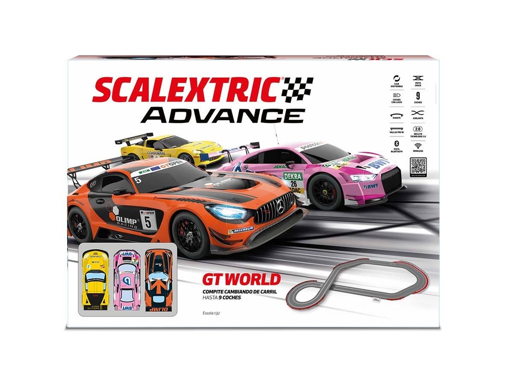 Pista Scalextric GT World Advance. Incluye punte,vallas,pista 7,22 m de pista. 252x180 cm