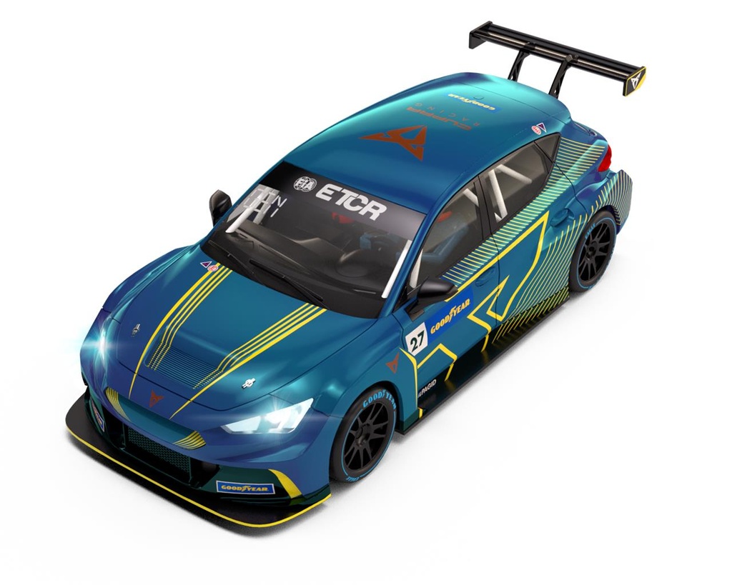 Coche Scalextric Cupra e-Racer FIA eTouring Car World Cup Champion con luz en los faros 18x9x9cm