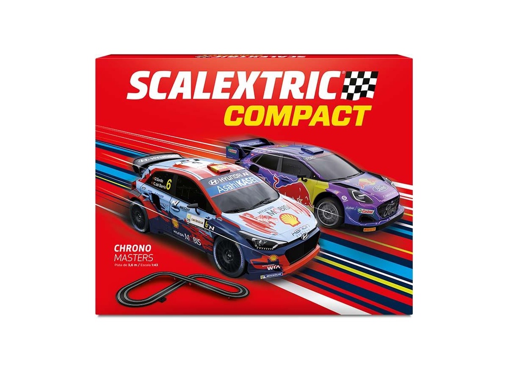 Pista Scalextric Chrono Masters. Incluye coches con luz y mando con turbo. 3,66m de pista 114x114cm