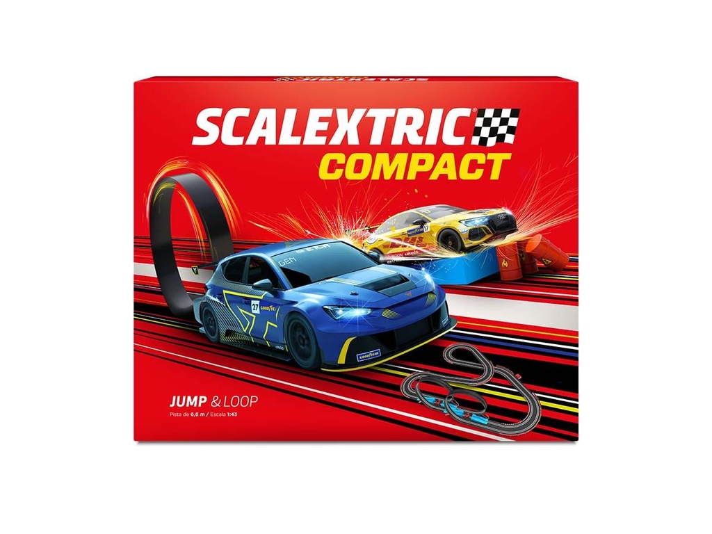 Pista Scalextric Jump & Loop. Incluye coches con luz,mando con turbo ,vallas,puente,rampa y looping 6,66m de pista 156x123 cm