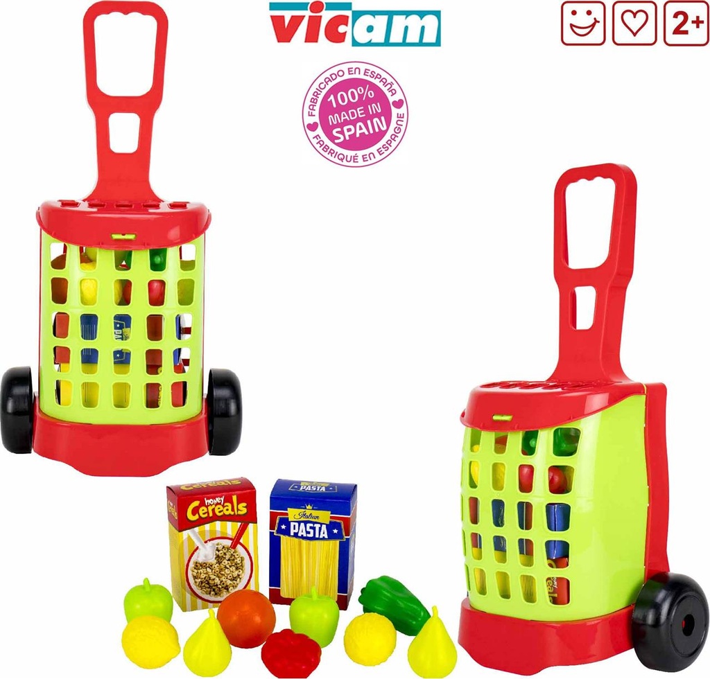 Carro de la compra con cajas de Alimentos Grandes y frutas.