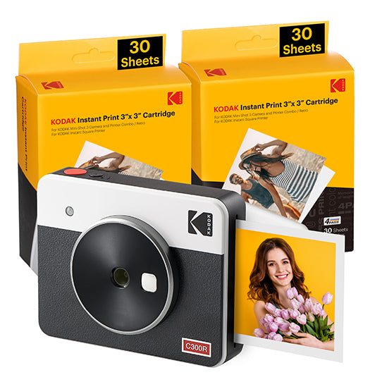 KODAK MINI SHOT 3 RETRO C300RW60 PORTABLE INSTANT CAMERA AND PHOTO PRINTER BUNDLE 3X3 WHITE