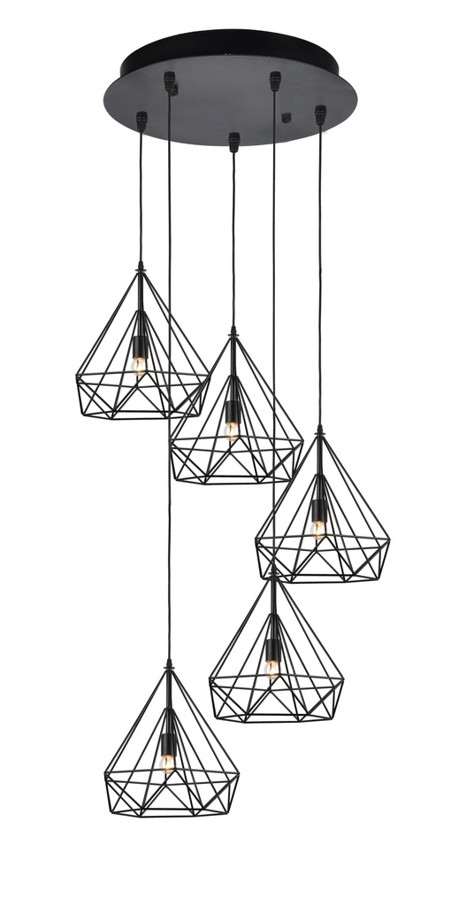 LAMPARA COLGANTE DECORATIVO NEGRA DE 5 LUCES CON BASE REDONDA, BOMBILLA LED DE BASE E27, ALTURA TOTAL REGULABLE 330CM, DIAMETRO 70CM