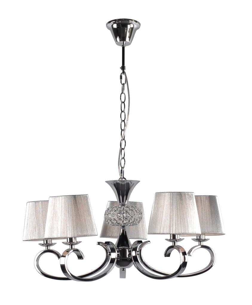 LAMPARA COLGANTE CON BASE COLOR CROMO, ESTRUCTURA DE HIERRO Y CRISTAL  Y PANTALLA DE HILOS EN COLOR PLATA,  DE 5 LUCES COMPATIBLE CON BOMBILLA LED DE BASE E14, ALTURA 75CM DIAMETRO 70CM