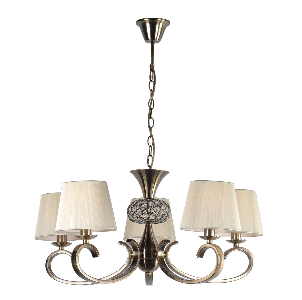 LAMPARA COLGANTE CON BASE COLOR CUERO, ESTRUCTURA DE HIERRO Y CRISTAL  Y PANTALLA DE HILOS EN COLOR CREMA,  DE 5 LUCES COMPATIBLE CON BOMBILLA LED DE BASE E14, DIAMETRO 70CM ALTURA 75CM